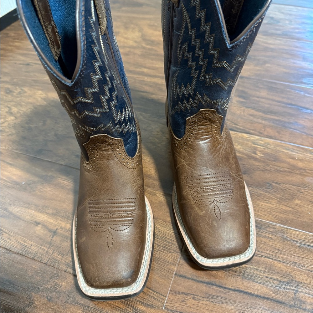 Brown and Blue Square Toe Cowboy Boots